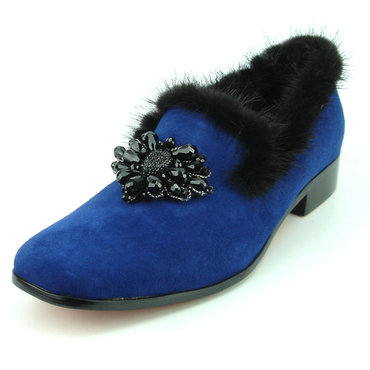 FI-7306 Royal Blue Suede Black Rhinestones Ornament Slip on Fiesso by Aurelio Garcia