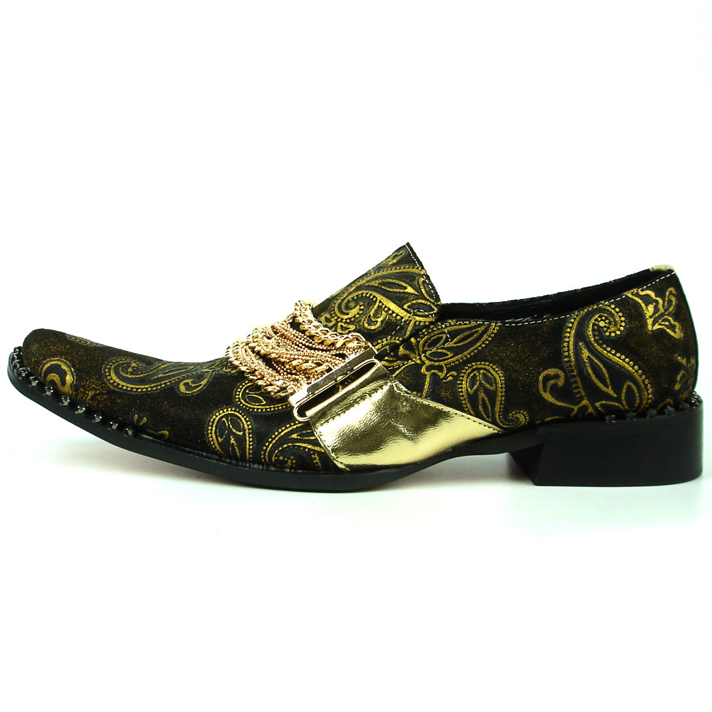 FI-7322 Gold Leather With Gold Chain Ornament Fiesso Metal Tip Slip on