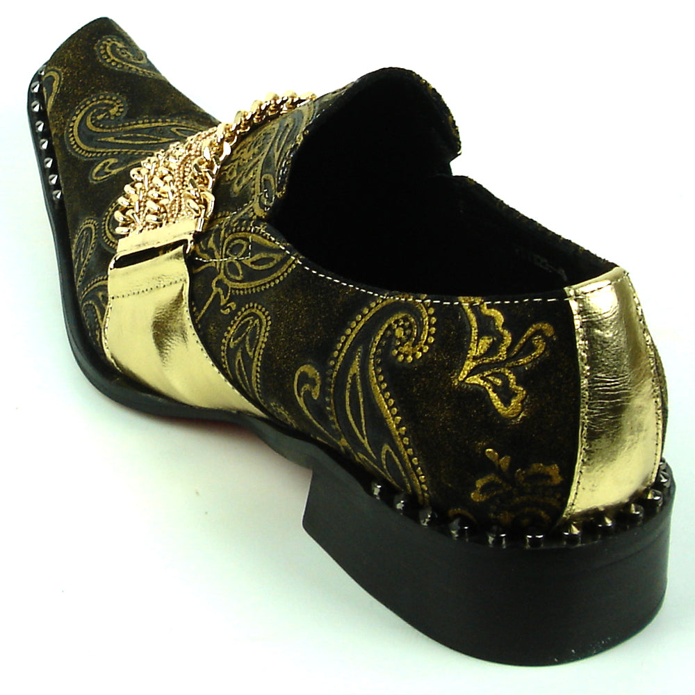 FI-7322 Gold Leather With Gold Chain Ornament Fiesso Metal Tip Slip on