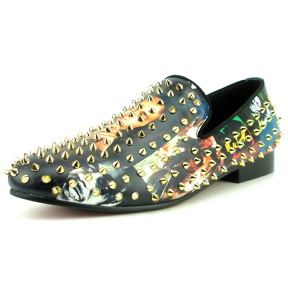 FI-7338 Bob Marley Print With Gold Spikes Slip on Loafer Fiesso by Aurelio Garcia