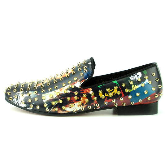 FI-7338 Bob Marley Print With Gold Spikes Slip on Loafer Fiesso by Aurelio Garcia