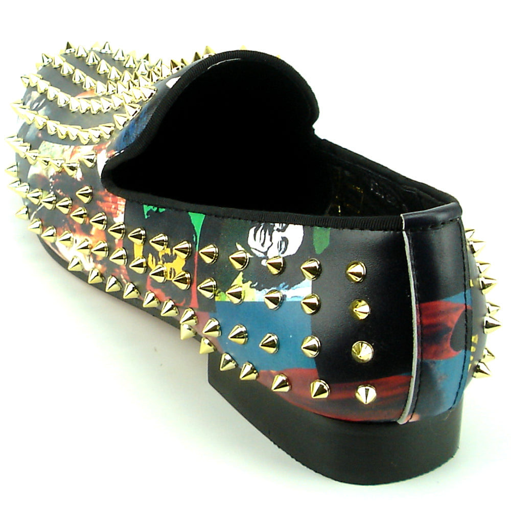 FI-7338 Bob Marley Print With Gold Spikes Slip on Loafer Fiesso by Aurelio Garcia