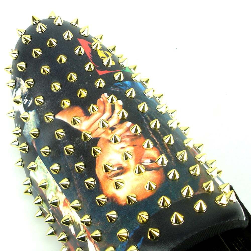 FI-7338 Bob Marley Print With Gold Spikes Slip on Loafer Fiesso by Aurelio Garcia