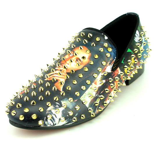 FI-7338 Bob Marley Print With Gold Spikes Slip on Loafer Fiesso by Aurelio Garcia