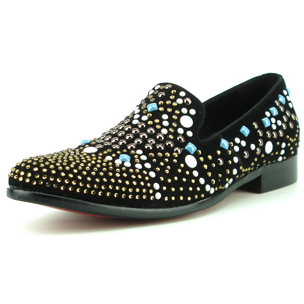 FI-7343 Black Suede Multi Color Studs Slip on Loafer Fiesso by Aurelio Garcia