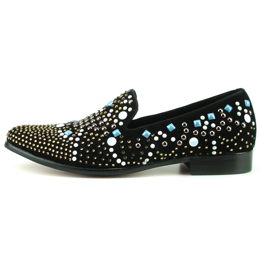 FI-7343 Black Suede Multi Color Studs Slip on Loafer Fiesso by Aurelio Garcia