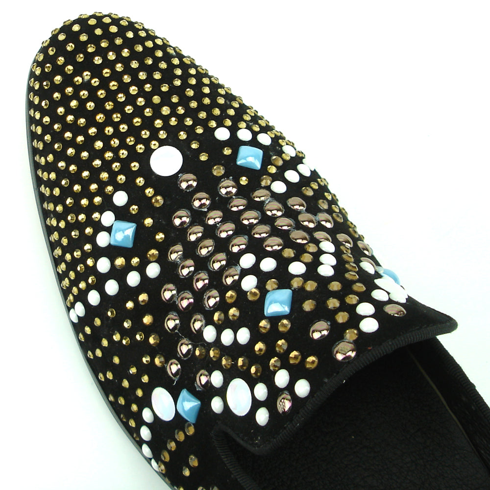 FI-7343 Black Suede Multi Color Studs Slip on Loafer Fiesso by Aurelio Garcia