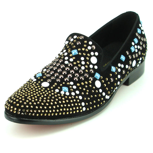 FI-7343 Black Suede Multi Color Studs Slip on Loafer Fiesso by Aurelio Garcia