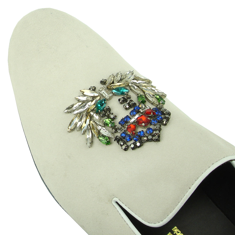 FI-7355 Beige Suede Multi Color Rhinestone Ornament Slip on Fiesso by Aurelio Garcia