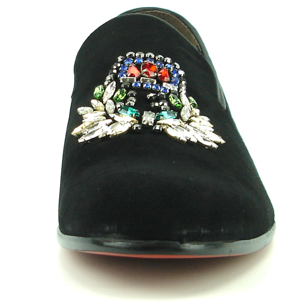 FI-7355 Black Suede Multi Color Rhinestone Ornament Slip on Fiesso by Aurelio Garcia