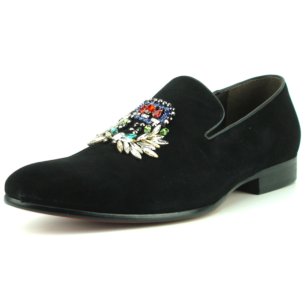 FI-7355 Black Suede Multi Color Rhinestone Ornament Slip on Fiesso by Aurelio Garcia