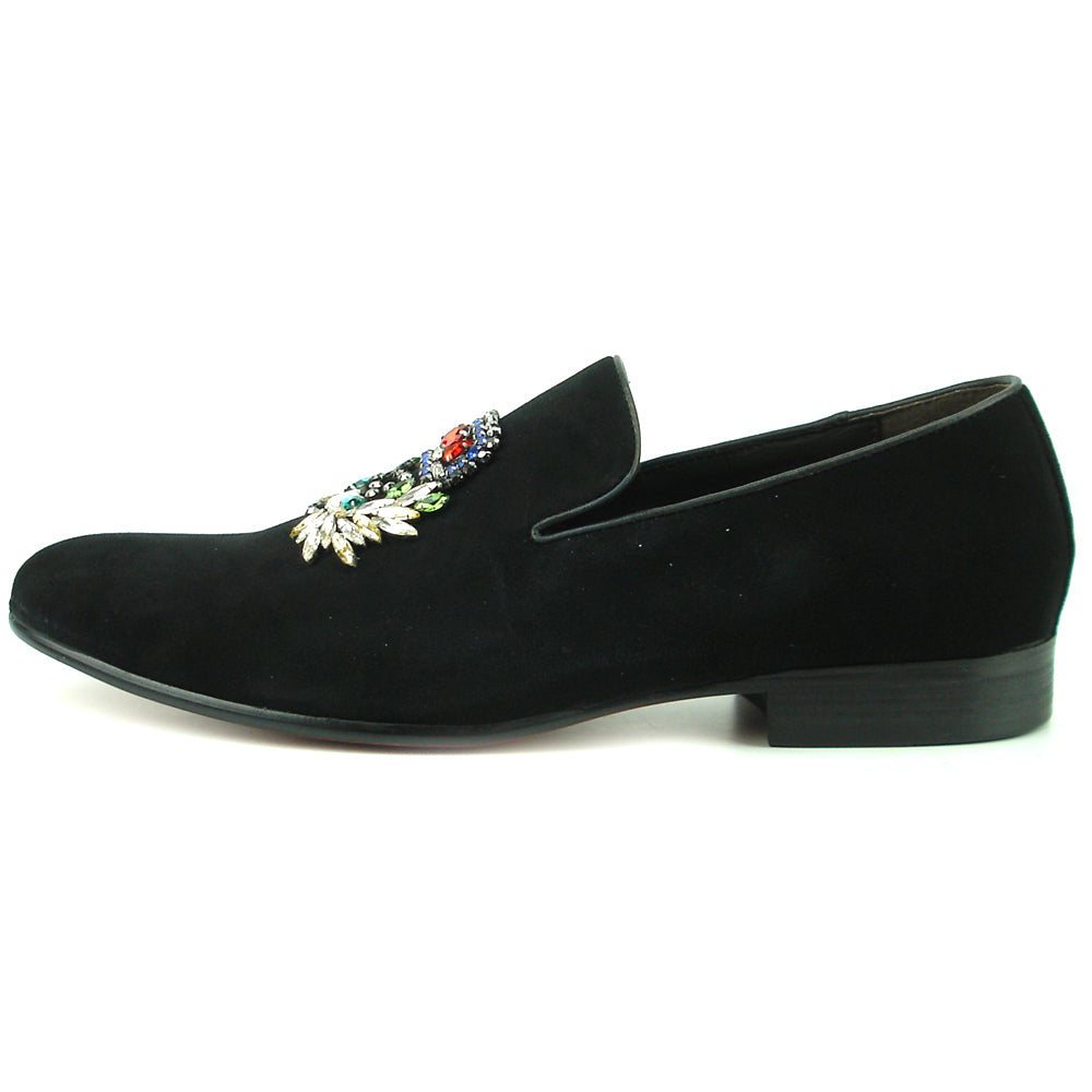 FI-7355 Black Suede Multi Color Rhinestone Ornament Slip on Fiesso by Aurelio Garcia