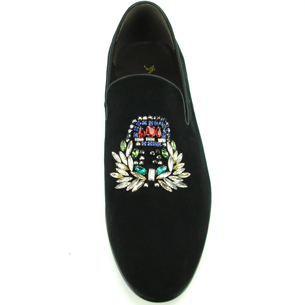 FI-7355 Black Suede Multi Color Rhinestone Ornament Slip on Fiesso by Aurelio Garcia