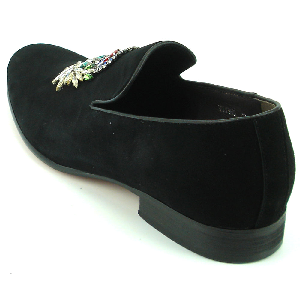 FI-7355 Black Suede Multi Color Rhinestone Ornament Slip on Fiesso by Aurelio Garcia