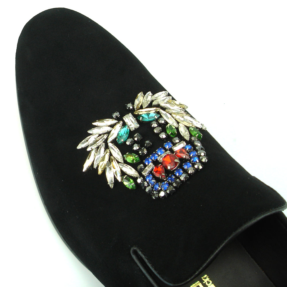 FI-7355 Black Suede Multi Color Rhinestone Ornament Slip on Fiesso by Aurelio Garcia