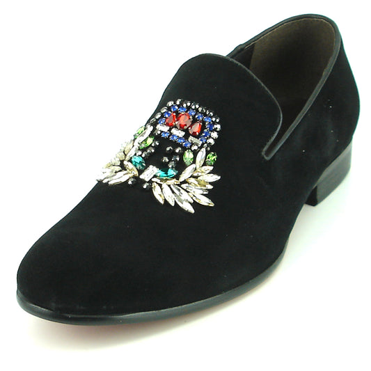 FI-7355 Black Suede Multi Color Rhinestone Ornament Slip on Fiesso by Aurelio Garcia