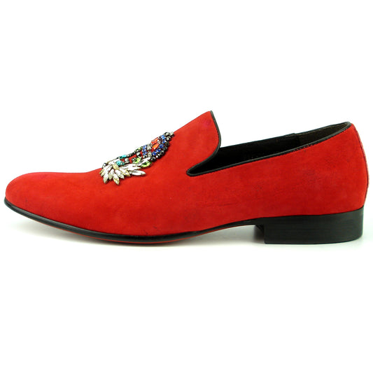 FI-7355 Red Suede Multi Color Rhinestone Ornament Slip on Fiesso by Aurelio Garcia