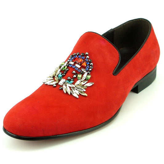 FI-7355 Red Suede Multi Color Rhinestone Ornament Slip on Fiesso by Aurelio Garcia