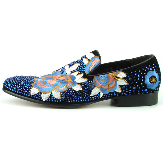 FI-7360 Black Suede Blue Rhinestones Embroidered Flower Slip on Fiesso by Aurelio Garcia