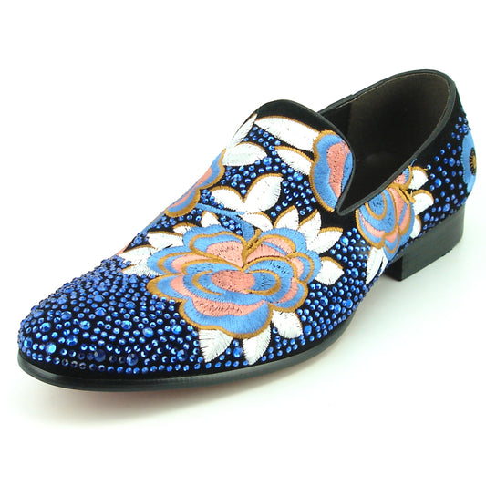 FI-7360 Black Suede Blue Rhinestones Embroidered Flower Slip on Fiesso by Aurelio Garcia