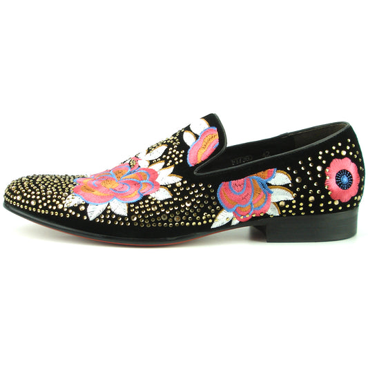 FI-7360 Black Suede Gold Rhinestones Embroidered Flower Slip on Fiesso by Aurelio Garcia