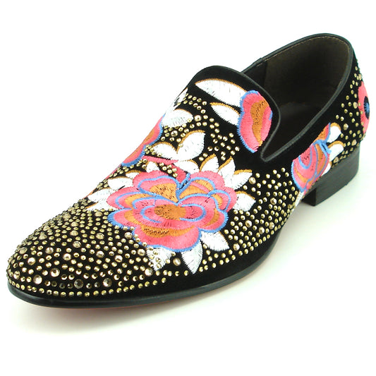 FI-7360 Black Suede Gold Rhinestones Embroidered Flower Slip on Fiesso by Aurelio Garcia