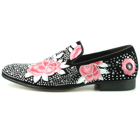 FI-7360 Black Suede Silver Rhinestones Embroidered Flower Slip on Fiesso by Aurelio Garcia