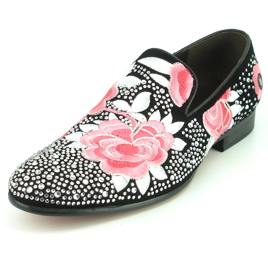 FI-7360 Black Suede Silver Rhinestones Embroidered Flower Slip on Fiesso by Aurelio Garcia