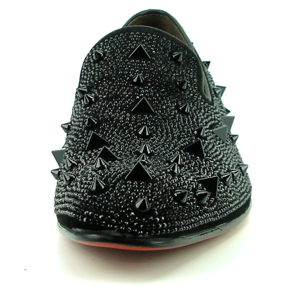 FI-7364-R Black Suede Black Rhinestones Spikes Slip on Loafer Fiesso by Aurelio Garcia