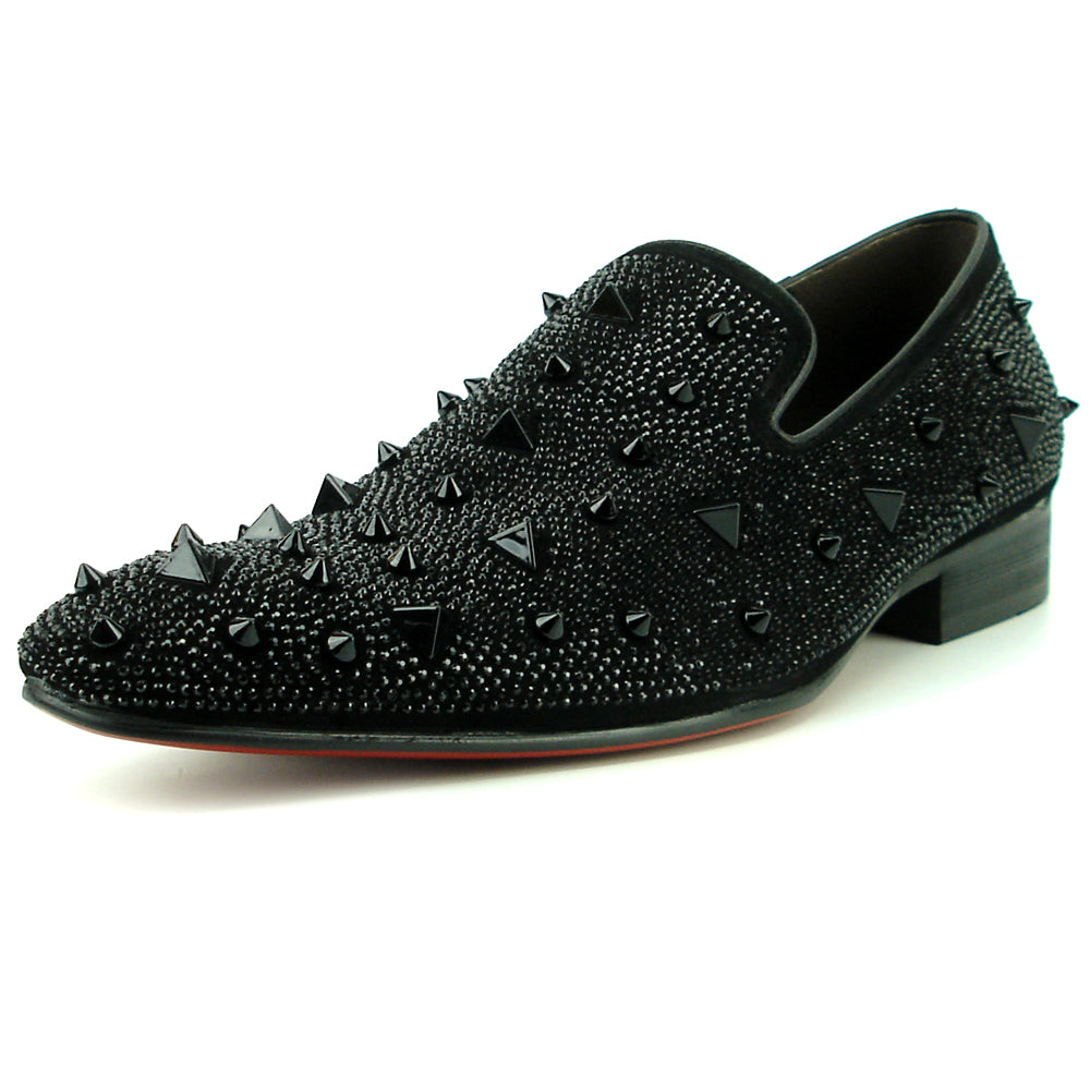 FI-7364-R Black Suede Black Rhinestones Spikes Slip on Loafer Fiesso by Aurelio Garcia