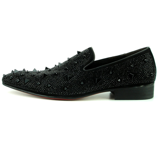 FI-7364-R Black Suede Black Rhinestones Spikes Slip on Loafer Fiesso by Aurelio Garcia