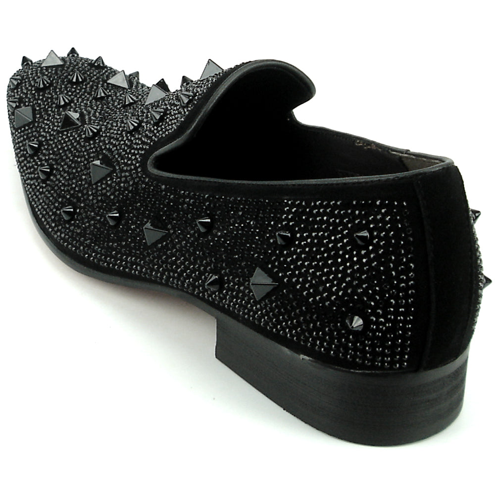 FI-7364-R Black Suede Black Rhinestones Spikes Slip on Loafer Fiesso by Aurelio Garcia