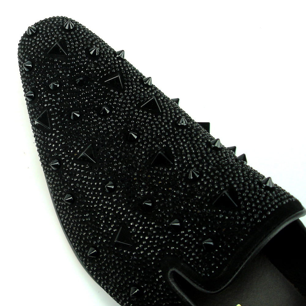 FI-7364-R Black Suede Black Rhinestones Spikes Slip on Loafer Fiesso by Aurelio Garcia