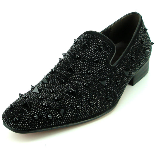 FI-7364-R Black Suede Black Rhinestones Spikes Slip on Loafer Fiesso by Aurelio Garcia