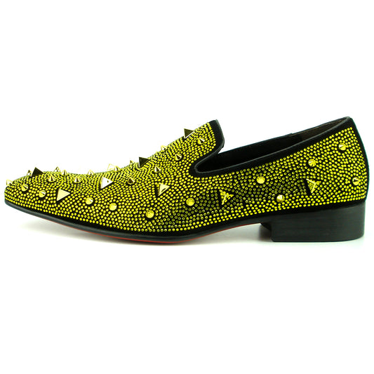 FI-7364-R Black Suede Gold Rhinestones Spikes Slip on Loafer Fiesso by Aurelio Garcia