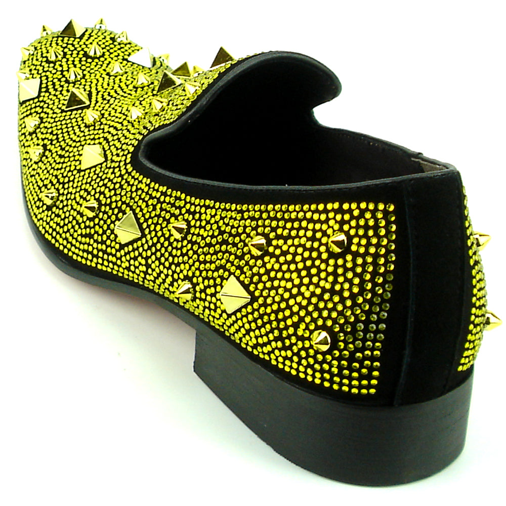 FI-7364-R Black Suede Gold Rhinestones Spikes Slip on Loafer Fiesso by Aurelio Garcia