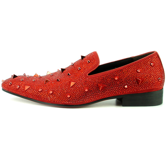 FI-7364-R Red Suede Red Rhinestones Spikes Slip on Loafer Fiesso by Aurelio Garcia