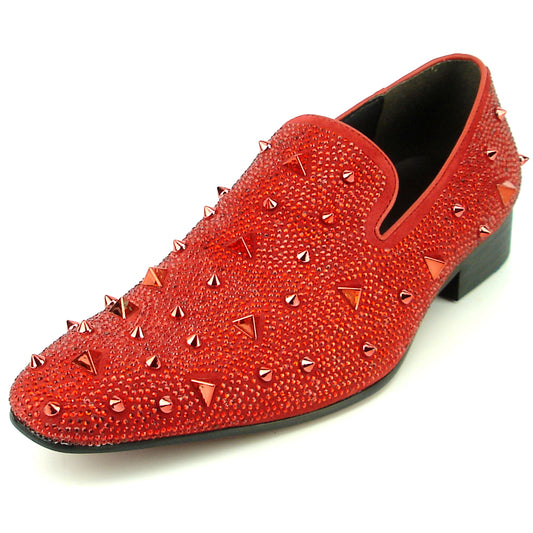 FI-7364-R Red Suede Red Rhinestones Spikes Slip on Loafer Fiesso by Aurelio Garcia