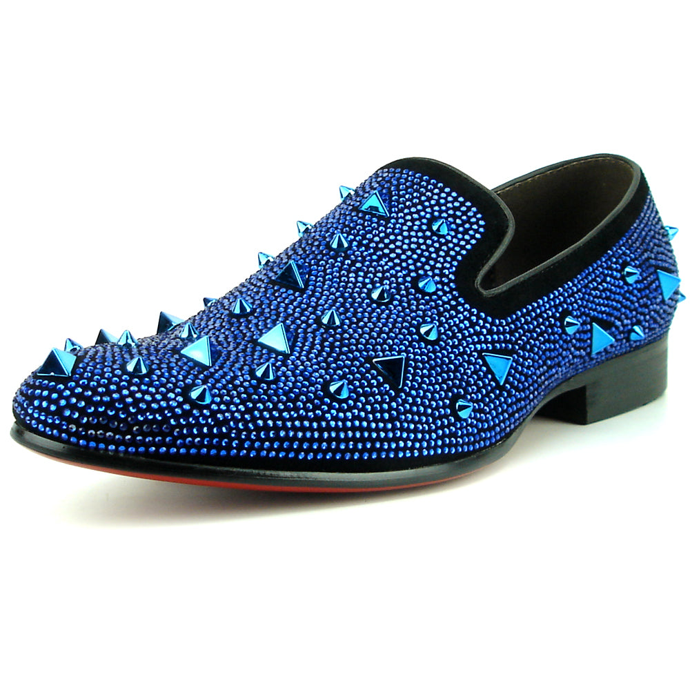 FI-7364 Black Suede Blue Rhinestones and Spikes Slip on Loafer Fiesso by Aurelio Garcia