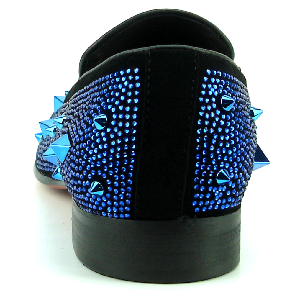 FI-7364 Black Suede Blue Rhinestones and Spikes Slip on Loafer Fiesso by Aurelio Garcia