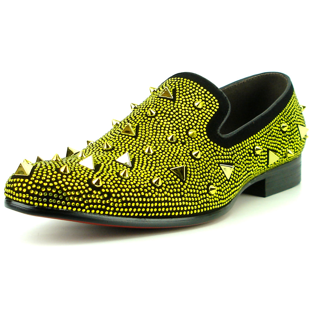 FI-7364 Black Suede Gold Rhinestones and Spikes Slip on Loafer Fiesso by Aurelio Garcia