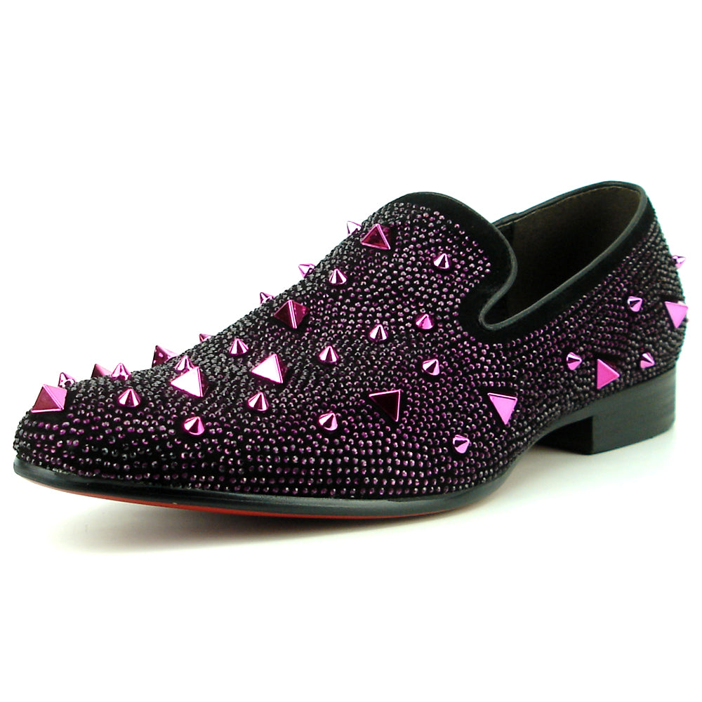 FI-7364 Black Suede Purple Rhinestones and Spikes Slip on Loafer Fiesso by Aurelio Garcia