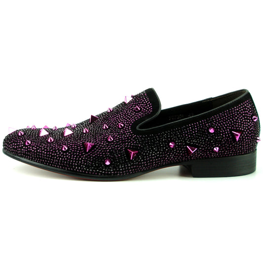 FI-7364 Black Suede Purple Rhinestones and Spikes Slip on Loafer Fiesso by Aurelio Garcia