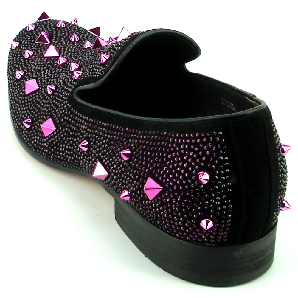 FI-7364 Black Suede Purple Rhinestones and Spikes Slip on Loafer Fiesso by Aurelio Garcia