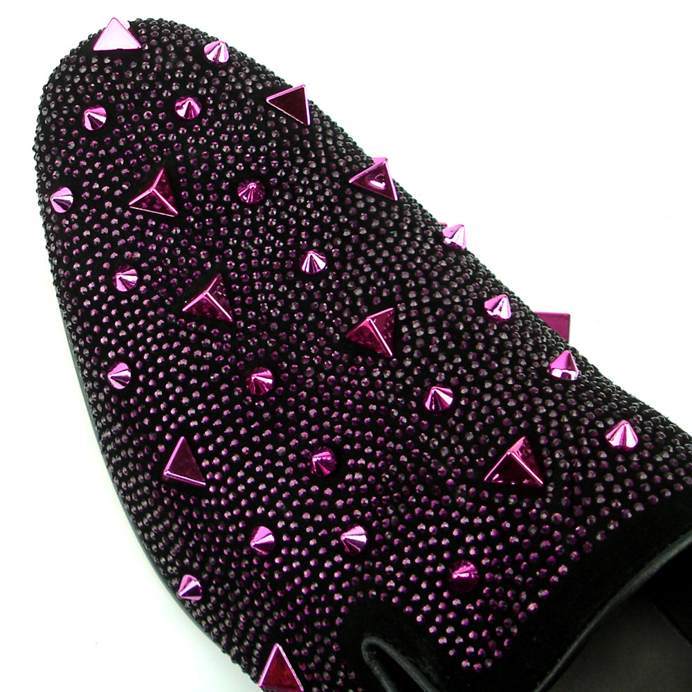 FI-7364 Black Suede Purple Rhinestones and Spikes Slip on Loafer Fiesso by Aurelio Garcia