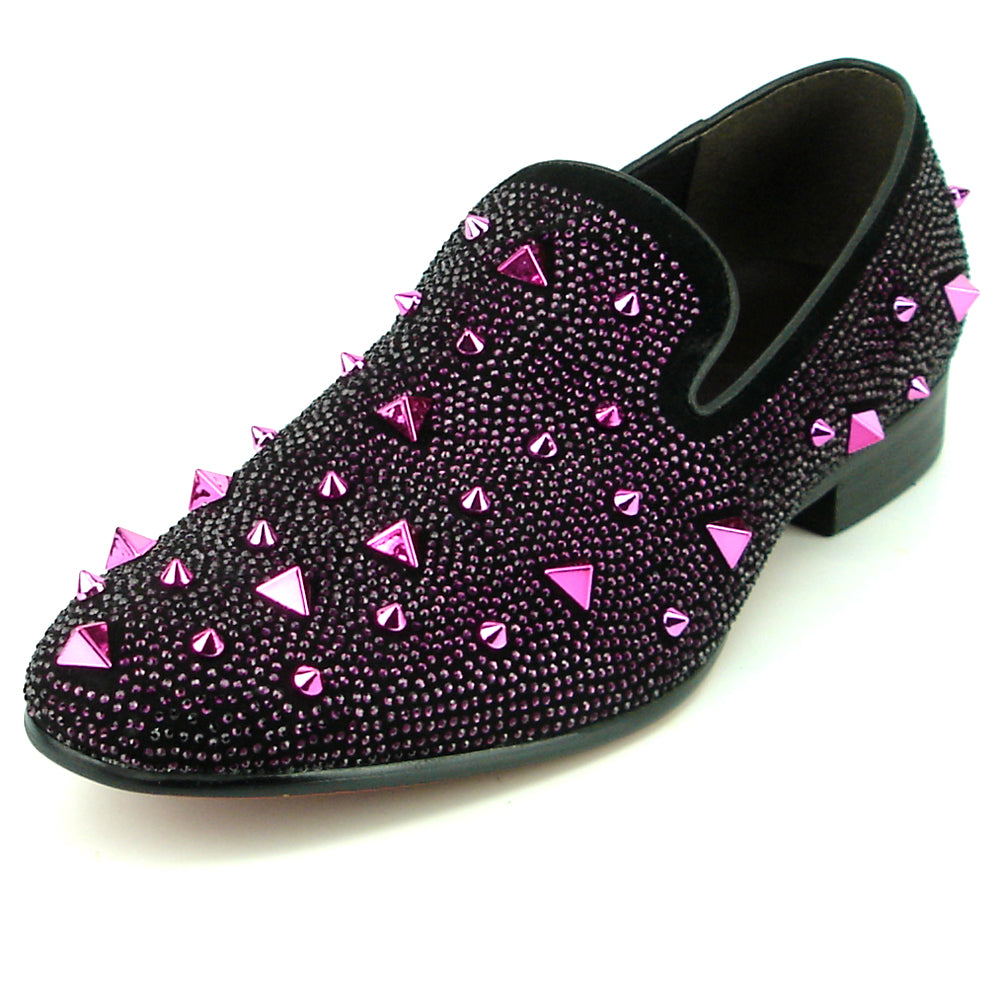 FI-7364 Black Suede Purple Rhinestones and Spikes Slip on Loafer Fiesso by Aurelio Garcia