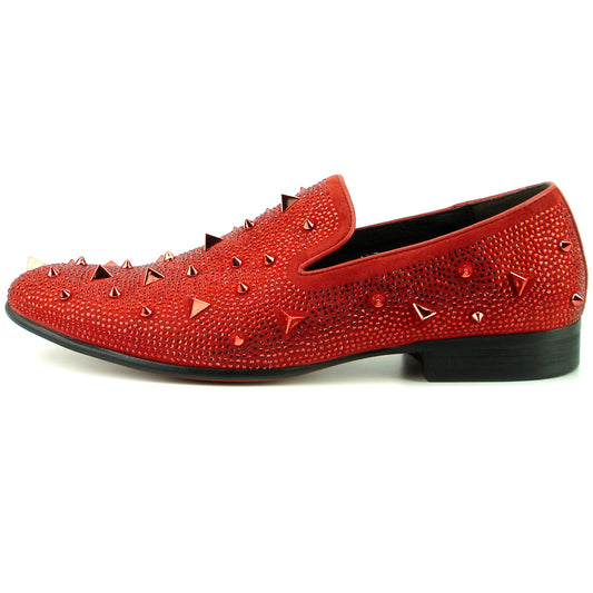 FI-7364 Red  Suede Red Rhinestones and Spikes Slip on Loafer Fiesso by Aurelio Garcia