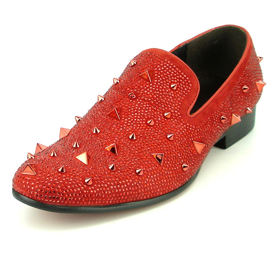 FI-7364 Red  Suede Red Rhinestones and Spikes Slip on Loafer Fiesso by Aurelio Garcia