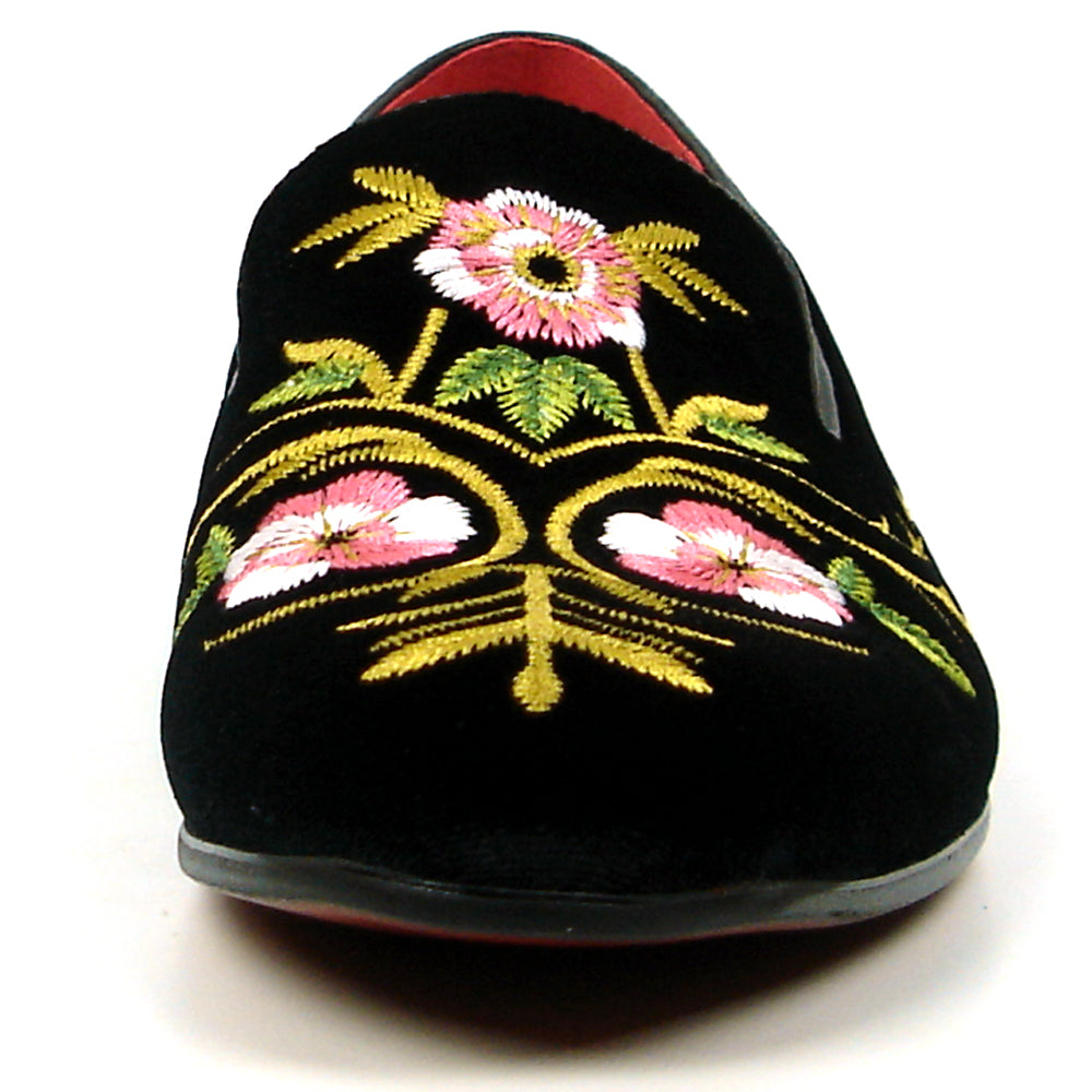 FI-7409 Black Suede Flowers Embroidered Fiesso by Aurelio Garcia Loafer