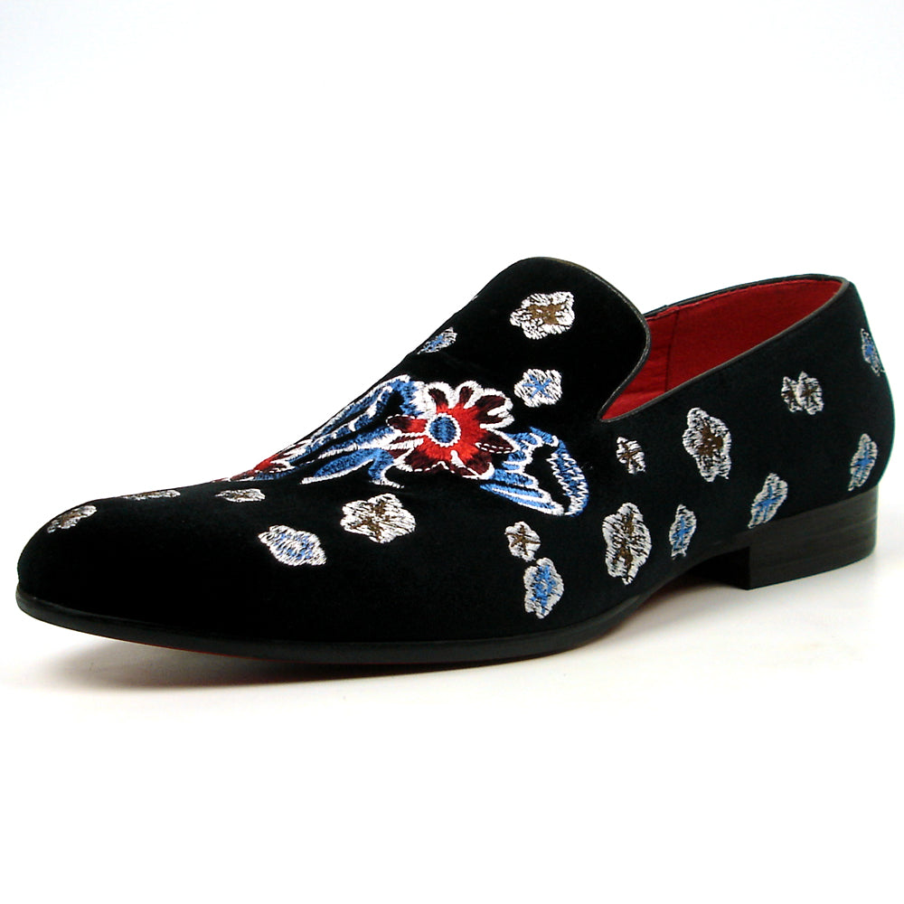 FI-7413 Black Suede Flowers Embroidered Fiesso by Aurelio Garcia Loafer